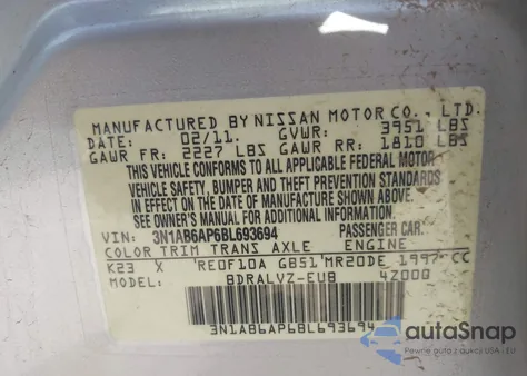 2011 Nissan Sentra 2.0Sl z USA, uszkodzony, nr VIN 3N1AB6AP6BL693694